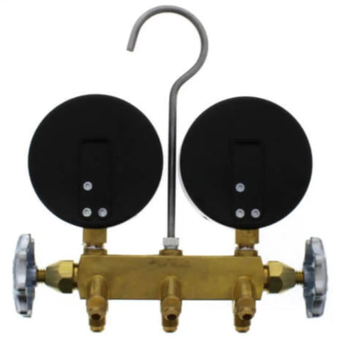 Slick Heat Pump Manifold Gauge Set With Dual Three Inch Precision Meters and Sixty Inch Tough Braided Hoses For AC HVAC Pro Hustle and R22 Repair Kits front view.