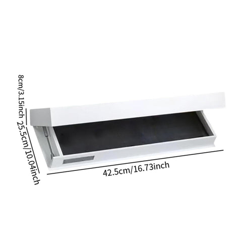 Hella Tidy White Floating Wall Shelf With Concealed Drop Down Drawer Pull Out Storage Rack smooth glide, dimensions 42.5cm x 25.5cm x 8cm.