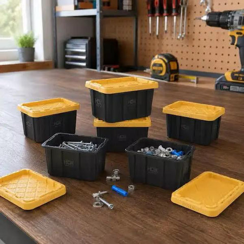 Dead Simple Mini Storage Totes With Snap Lids And Stackable Design For Hardware Sorting Plus Craft Supplies Organizer Compact Nestable Bins on workbench with small parts.