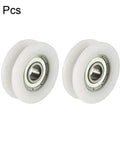 Four Pack Deep Groove V Belt Guide Pulley Wheel With Silent Precision Bearings And Heavy Duty Linear Motion Design For Buttery Smooth Operation And Knockout Durability, white nylon, precision bearings, two pulleys shown.