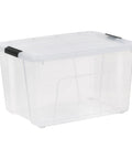 Straight Up Heavy Duty Clear Storage Bins Secure Snap Closure Stackable Plastic Totes For Bulky Seasonal Gear 60 Quart Capacity 22 X 16 X 12 Inches 2 Pack side view of a clear plastic storage tote with snap lid