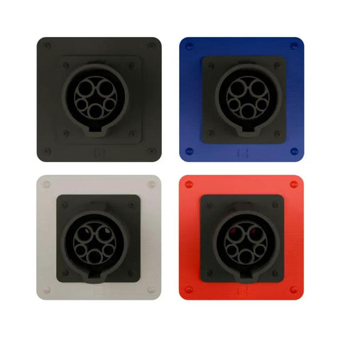 Hella Wild Fake EV Charging Port Gas Diesel Truck Magnet J1772 Faceplate Decoy in black, blue, white, red colors.