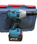 Heavy Duty 21 Volt Brushless Cordless Electric Rivet Gun with battery and carrying case, ideal for metal fastening tasks.