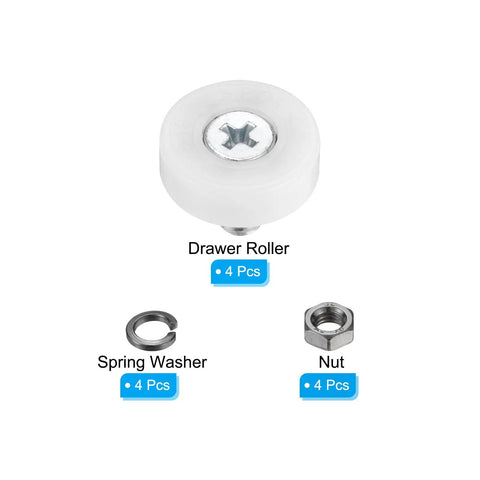 Premium Nylon Drawer Rollers With Stainless Steel Screws And White Positioning Pulleys For File Cabinet Slides And Furniture Drawers 4 Piece Set showing drawer roller, spring washer, and nut.