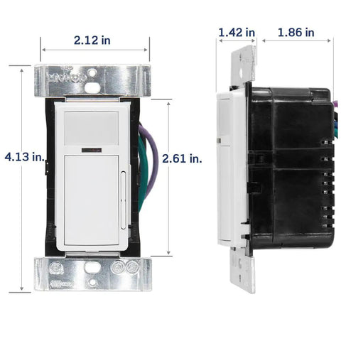 Smart PIR Occupancy Sensor Switch No Brainer 0-10V Neutral Required for 120-277VAC Homes front and side view with dimensions