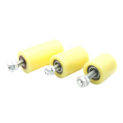 Hella Durable Nylon Positioning Pulleys Smooth Glide Guide Rollers built tough pack of three yellow coated wheels with threaded stems.