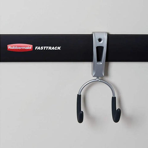 Must Have FastTrack Garage Hook Set 6 Pack Heavy Duty Powder Coated Metal Hangers For Ladders Tools Ropes Hoses Bikes And More Installs On Rails Easily Holds Up To 25 Lbs Each mounted on rail