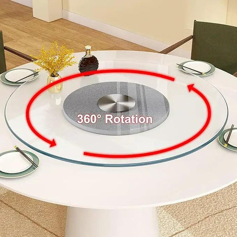Top Shelf Heavy Duty Tempered Glass Lazy Susan Turntable showing 360° rotation on a dining table, ideal for family dining and gatherings.
