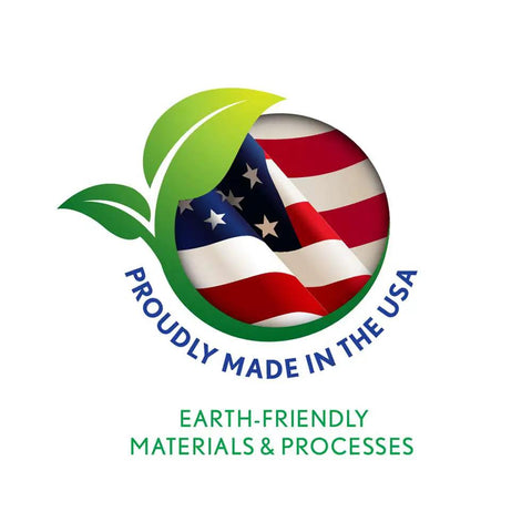 Logo with American flag and text 'Proudly Made in the USA. Earth-Friendly Materials & Processes.'
