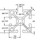 Dimensioned diagram of Hella Sturdy 1.5 Inch T Slotted Aluminum Extrusion Rail With Slick Black Anodized Finish.