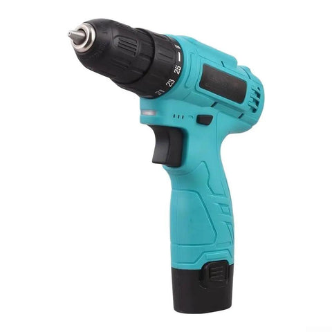 Top Shelf Dual 12V Cordless Drill Kit With 25 Plus One Precision Torque Levels Built In Led Light Two Easy Swap Batteries And Snappy Usb C Charger For Garage Grind No Sweat Ever side view of turquoise drill with torque settings