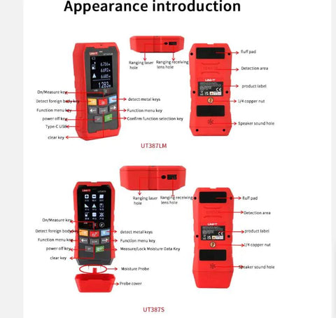 Prograde Wall Scanner And All In One Metal Detector With 2.4 Inch Color LCD Display showing front and back angles with key features labeled.