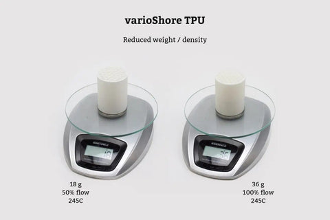 Premium Adjustable Flex Tpu 95A Black 2.85Mm 2000G 3D Printer Filament shown on scale weighing 18g and 36g.