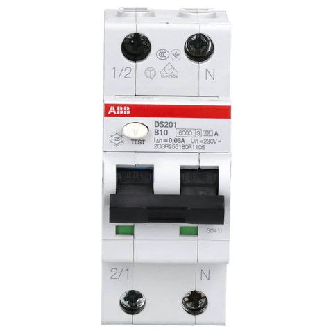 Front view of Residual Current Device FI Safety Switch DS201 B10 A 10A Single Unit 230V AC Type B Earth Leakage Trip