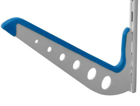 Heavy Duty Multi Level Water Ski Wall Rack Secures Four Pairs Of Skis Wakeboards And Wakesurfers With Scratch Free Padded Arms, white and blue padded arm detail.