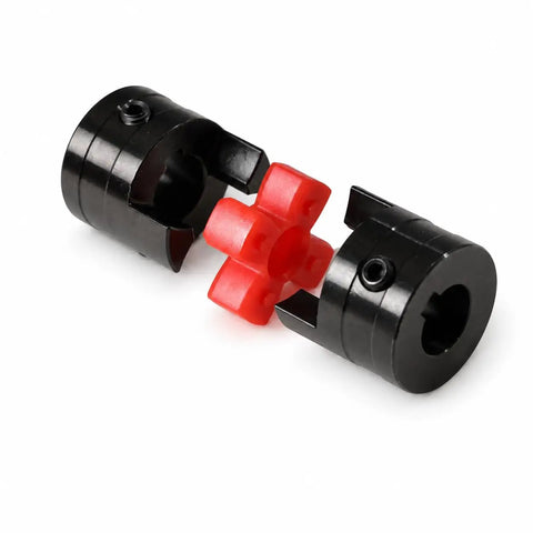 Heavy Duty Flexible Jaw Coupling Featuring 12Mm X 12Mm Bore With Rock Solid Elastomeric Spider For Cnc Servo And Stepper Motors. Black and red design.