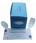 Rock Solid Disposable Laser Eye Shields For IPL Led Facial Treatments Easy Application Medical Pads With OD7 Barriers 100 Pair bundle with packaging and shield.