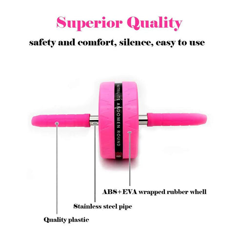 Pink Ab Wheel Roller Set With Cushioned Knee Pad And Cardio Jump Rope For Hardcore Core Training That Delivers Beast Mode Gains And Reliable Power On Your Daily Fitness Grind Journey. Close-up of pink ab roller with stainless steel pipe and EVA rubber wheel.