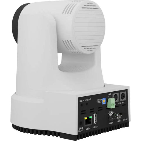 Straight Fire Bundle Featuring Five 4K PTZ Cameras With 20x Optical Zoom And SDI HDMI USB IP Support Plus One Smooth Joystick Controller And Five White Wall Mounts For Streamers rear view of a white PTZ camera with ports.