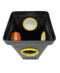 Top view of 4 Hole Distribution Box For 4 Inch Pipe With Fittings, Tough HDPE Injection Molded Enclosure with yellow seals and orange plugs.