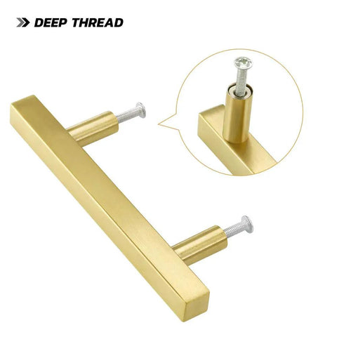 Big Time Upgrade Slick Brushed Gold Drawer Pulls 25 Pack Square T Bar Cabinet Handles For Kitchen And Closet Cupboards 3 Inch Hole Center Heavy Duty Hardware Set showing deep thread design.