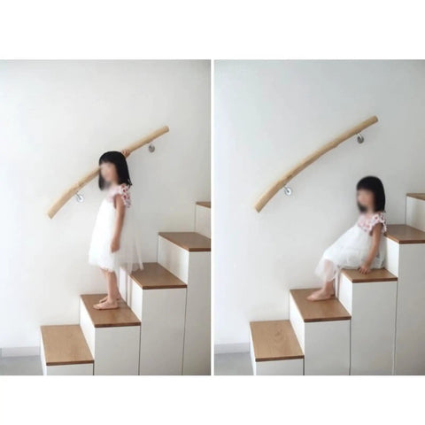 Rock Solid Adjustable Rustic Wood Handrail With No Sweat Mount Bracket And Anti Skid Surface Lifetime Indoor Wall Grip For Stairs Hallway Senior Safety No Fuss Villa Loft Corridor Ramp Support Bar on staircase with child.