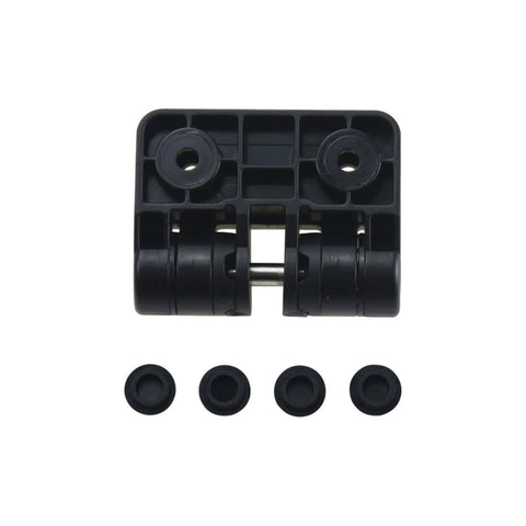 Black positioning torque hinge with 90-degree limit, front view showing base and four circular caps