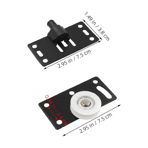 Heavy Duty Sliding Cabinet Door Nylon Pulley Wheel Hardware Set In Matte Black with dimensions, showing roller and track detail.