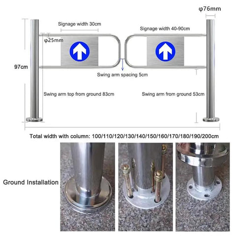 Badass Heavy Duty Automatic Swing Gate With Spring Loaded Pedestrian Barrier, Damn Tough Metal Build, Killer For Crowd Flow Control In Factories, Cafeterias, Parking Lots, And Office Buildings. Specifications showing swing arm dimensions and installation.