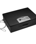 Portable Electronic Security Box Safe With Keyless Access, 0.5 Cubic Feet, Solid Steel, Black, Tether Ready, shown with cable
