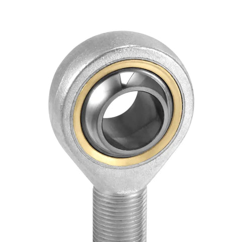 Heavy Duty Self Lubricating Rod End Bearings Four Pack With 12mm Bore And M12x1.75 Metric Male Thread Right Hand Heim Joint Plus Jam Nuts For Rock Solid Drag And Street Builds close-up of rod end bearing showing male thread and lubricant core.