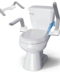 Heavy Duty Toilet Safety Rails For Seniors Offering 500 Pound Load Capacity Made From Thick Carbon Steel Bathroom Assist Frame mounted on a toilet.