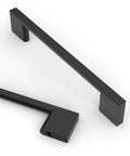 Rock Solid 10 Pack 5 Inch Matte Black Cabinet Handles showing flat design and clean edges for drawers.