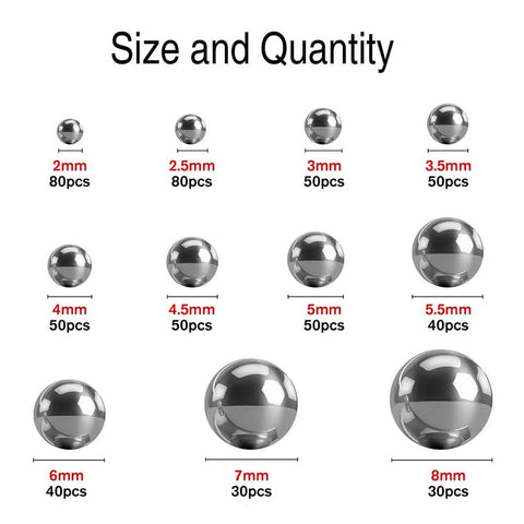 Top Tier 550 Piece Ball Bearings Assortment Kit Featuring Eleven Slick Sizes 2mm To 8mm GCr15 Steel precision balls organized by size.