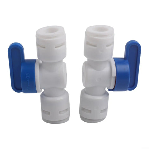 Two 3/8 inch push in ball valve fittings with blue levers, leak proof polypropylene material, quick connect for plumbing.