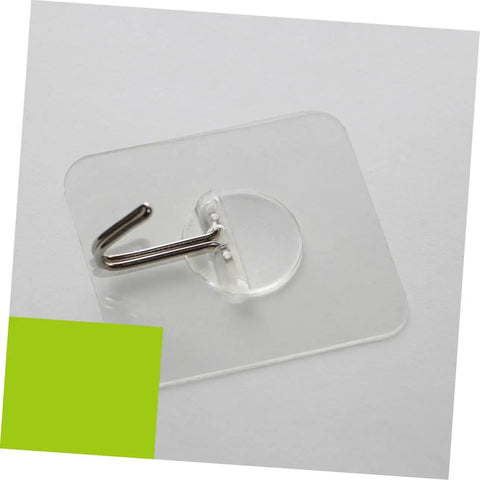 Super Tough Clear Adhesive Wall Hooks 12 Pack Stainless Steel Zero Mess Peel Strong Grip No Drill Install Holds Up Perfect For Kitchen Bedroom Hanging Setup You Gotta Get Your Hands On This, showing clear hook on adhesive pad.