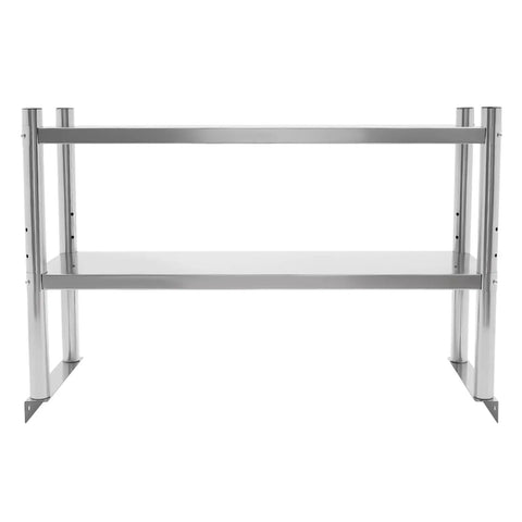 Heavy Duty Two Tier Stainless Steel Storage Rack And Adjustable Standing Shelf Unit Built Tough No Sweat Organization For Kitchen Restaurant Or Store Display Use Sleek Metal Frame front view with two shelves.