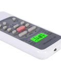 Universal Replacement AC Remote Control With Glowing Green Backlit Buttons Fahrenheit Celsius Display showing temperature settings.