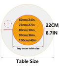 Multi Color Wooden Lazy Susan Round Rotating Serving Tray A Smooth Operator For Dining Tables And Kitchen Counters A Real Deal Hosting Game Changer With Easy Spin Action In Black size chart showing dimensions of 60cm to 100cm.