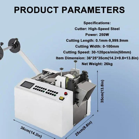 Killer Speed Automatic Electric Tube Cutter With Crisp Lcd Panel For Fast Precision Cuts Through Rubber Plastic Heat Shrink Tubing Industrial Grade Built Tough Slick Operation Gear specifications chart with dimensions and cutting details.