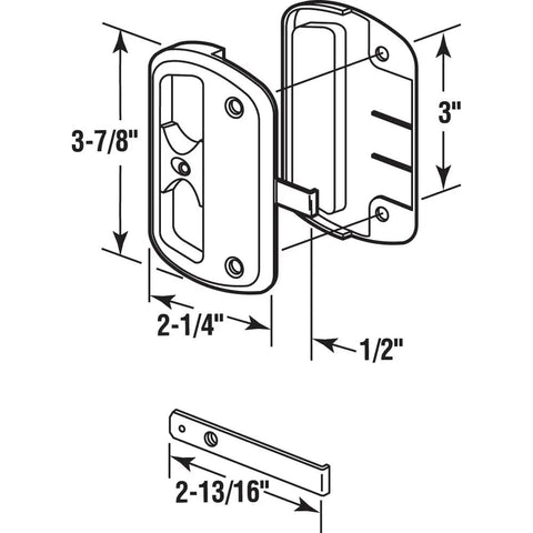 Diagram of black plastic sliding screen door latch and pull with Alumilite finish, universal handle for 1/2 inch doors, measurement details shown.