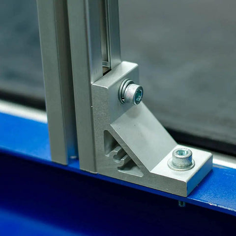 Kickstart Your Build 4 Pack 2020 T Slot Aluminum Extrusion Profile Black Anodized Linear Guide Rails close-up of corner bracket attachment.