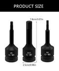 Quality Crafted Eight Piece Hex Socket Set Built Tough From Heavy Duty Alloy Steel With Smooth Turning Action And Secure Bite, showing three hex sockets with size measurements.