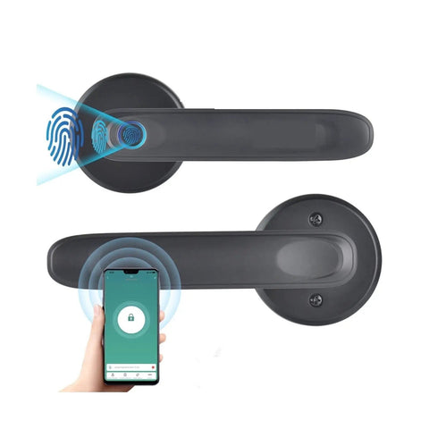 Fingerprint scanner on Straight Up Secure Fingerprint Smart Lock for Front Door with smartphone access and biometric features.
