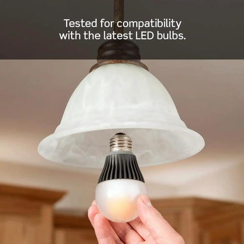 Table Top Plug In Lamp Dimmer for Dimmable LED Halogen and Incandescent Bulbs with No Sweat Plug and Play Setup and Crisp White Finish, showing a compatible LED bulb.