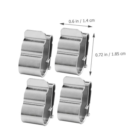 Hella Tough 50 Pack Stainless Steel Solar Cable Clamps For Photovoltaic Wire Management, four metal clips displayed with dimensions.
