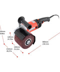 Powerful 1400W Surface Conditioning Tool With 8 Variable Speed Wheel Sander And Polisher, dimensions labeled, close-up view