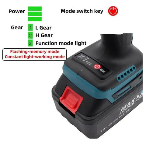 Detail view of cordless electric rivet tool controls showing power settings and modes for M3 to M12 fasteners.