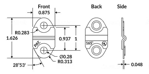 Technical drawing of Heavy Duty 165 Degree Fusible Link for Laundry and Commercial Trash Chute Dampers, showing dimensions and views.