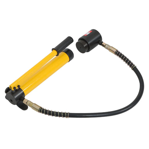 Beefy 10 Ton Hydraulic Knockout Punch Driver Kit with long handle, yellow grip and connected hydraulic hose.